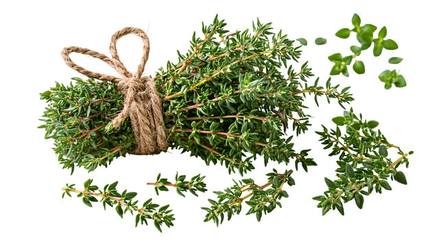 Fresh green thyme herb bundle tied with rustic jute twine string