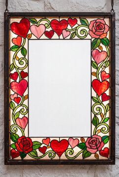 Hanging stained glass Valentine frame with hearts roses and scrollwork
