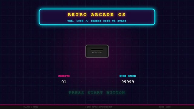 Retro arcade game interface with neon elements and start screen