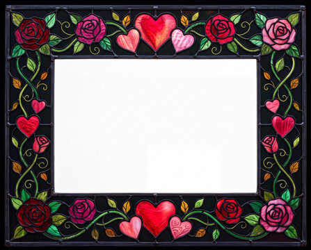 Stained glass Valentine border with red pink hearts roses and vines
