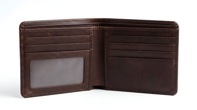 Empty brown leather wallet isolated on white background.