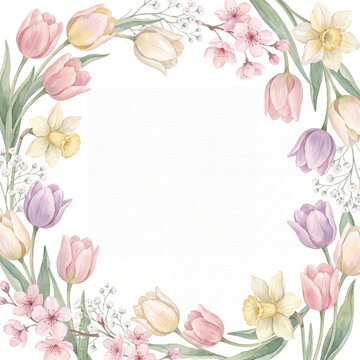 Spring floral border of tulips daffodils and cherry blossoms
