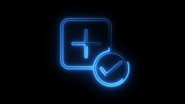 Neon plus sign with check mark icon glowing on dark background representing visual symbol
