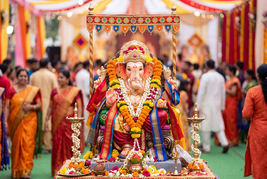 Colourful ganesha statue adorned with garlands and lamps at a crowded festival procession for hindu celebration banner and cultural event background