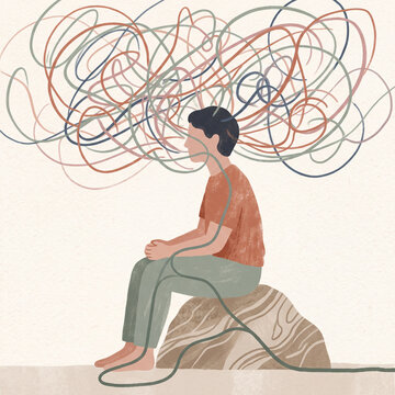 Conceptual illustration of tangled thoughts and anxiety with a seated figure and chaotic lines for mental health awareness poster design
