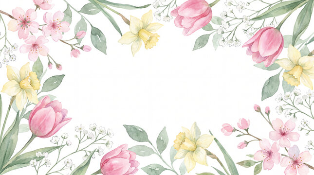 Spring floral border of tulips, daffodils and cherry blossoms