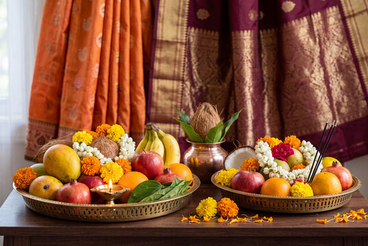 Decorated trays filled with fresh fruits symbolizing abundance during the Dussehra festival, arranged against traditional fabrics in natural lighting