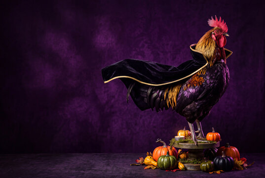 Dramatic rooster wearing a black cape posed among pumpkins and autumn props for halloween poster and theatrical background