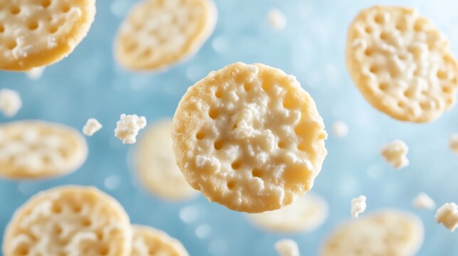 Cream Cheese Crackers Floating, Blue Background