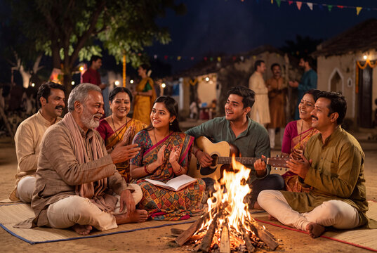 Group of people gathered around a fire celebrating Dashahra, sharing stories and songs in a warm, inviting atmosphere