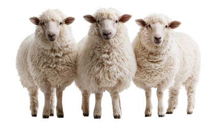 Three fluffy white sheep standing together looking forward © Isadora