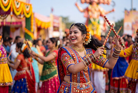 Participants dancing in traditional costumes at a Dashahra celebration with colorful decorations in a close-up shot under natural lighting