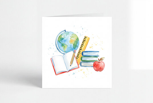 School supplies watercolor greeting card featuring a globe books ruler pencil apple and open notebook for education stationery and teacher appreciation