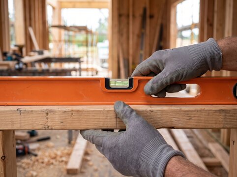 Gloved hands holding an orange spirit level on a wooden beam at a house construction site