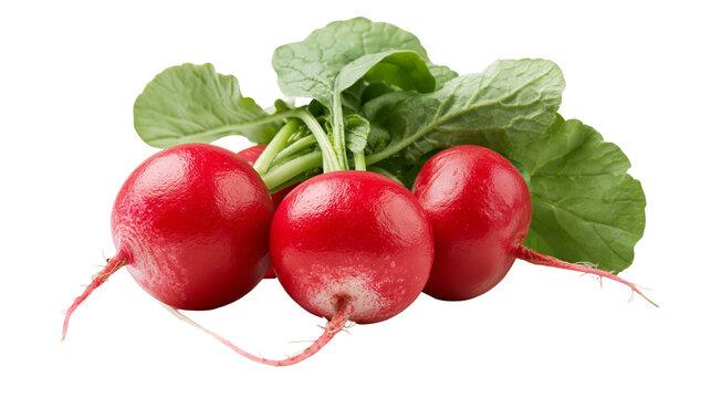 Fresh round red radishes with vibrant green leaves and thin root tails