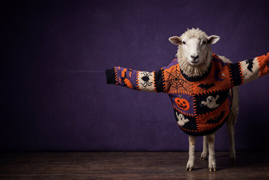 Sheep in a halloween sweater standing with outstretched legs for spooky seasonal poster and holiday banner design