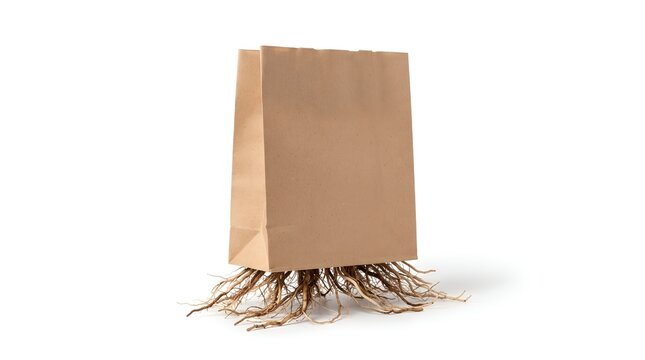 Brown paper shopping bag with exposed tree roots isolated on white background.