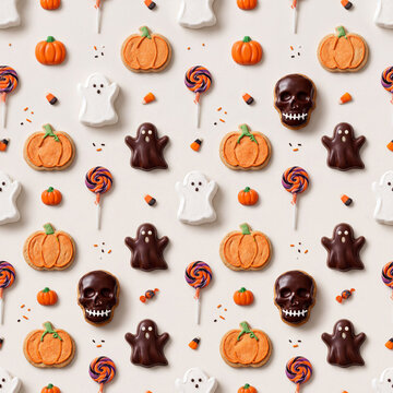 Seamless halloween candy and cookie pattern with pumpkins ghosts and skulls for seasonal wallpaper and fabric design