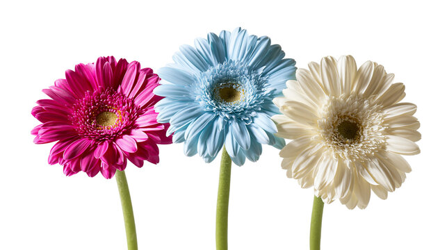 Three vibrant pink blue and white gerbera daisy flowers with green stems