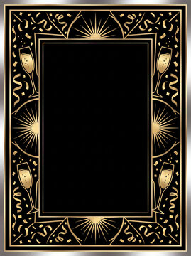 Metallic silver and gold New Year's border with champagne glasses