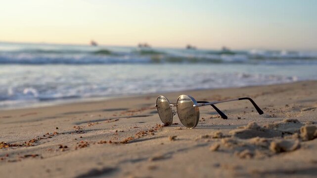 A Tranquil Sunset Scene on the Beach Featuring Stylish Sunglasses Resting in the Soft Sand, Capturing the Essence of a Relaxing Coastal Getaway.