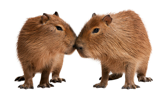 Two cute brown capybaras touching noses together