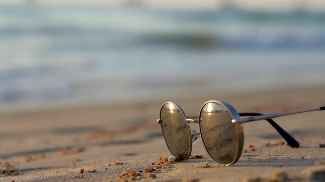 A Stylish Pair of Sunglasses Resting on the Warm Beach Sand as Gentle Waves Reflect the Late Afternoon Sunlight in a Serene Coastal Setting