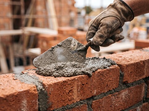 Close-up of a bricklayer using a trowel to apply wet mortar on a red brick wall at a construction site