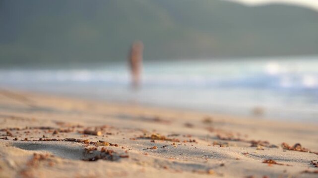 A Peaceful Beach Scene Captured in Two Frames, Highlighting Sand, Sea, and a Figure Walking Along the Shoreline Under Soft Light