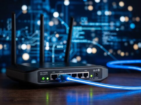 Modern Wi-Fi 6 router with a glowing blue ethernet cable connected, set against a blurred digital circuit board background