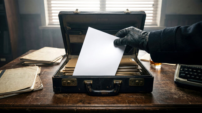 Detective hand sliding blank document into leather briefcase on vintage wooden desk with typewriter