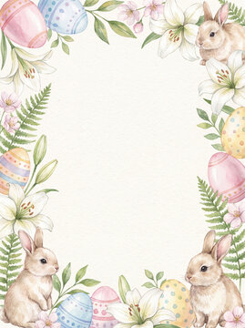 Vertical Easter border of pastel eggs, bunnies and lilies