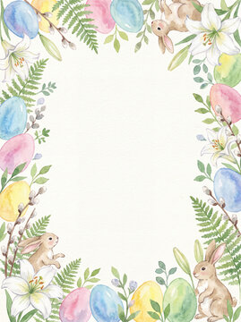 Vertical Easter border of pastel eggs, lilies and bunnies