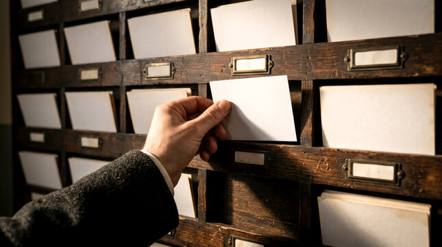 Hand inserting index card into vintage wooden library catalog drawer for organized archival record management