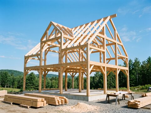 Wooden timber frame of a new residential house under construction on a rural building site during a sunny summer day