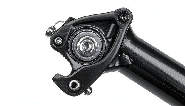 Detailed macro studio photography of a black metallic bicycle seatpost clamp head isolated on white background
