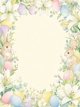 Easter border of pastel eggs, white lilies, bunnies and greenery