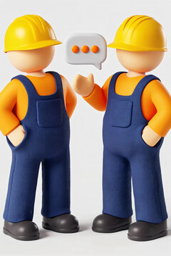 Two construction workers talking with a speech bubble icon between them wearing yellow hard hats and blue overalls in a 3D cartoon style illustration