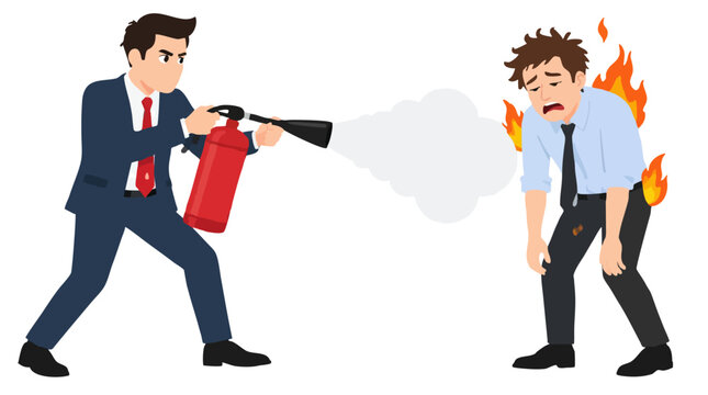Businessman in navy suit aiming red fire extinguisher at exhausted colleague on fire, workplace burnout concept, bold flat vector illustration, isolated on white background