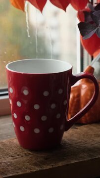 Vertical video. Fall vibes. Red polka dotted mug of steaming tea on windowsill on rainy autumn day. 