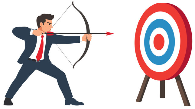 Businessman in a suit aiming a bow and arrow at a large colorful archery target, focused concentration on goals, success and precision concept, flat vector illustration, isolated on white background
