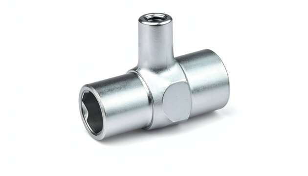Shiny metal chrome T-shaped socket pipe fitting isolated on white background studio photography