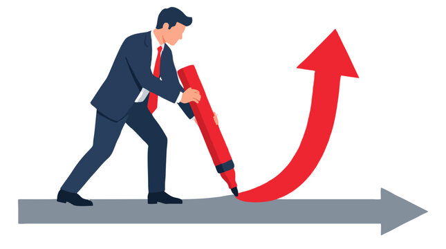 Flat vector businessman in navy suit drawing a bold red upward turning-point arrow on a grey path, strategy growth concept, clean white background - professional high detailed commercial stock