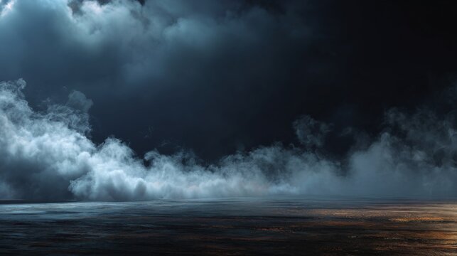 Dramatic stormy sky with thick rolling white clouds above ground smoke
