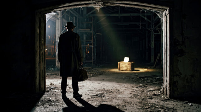 Detective standing in dark abandoned warehouse observing a glowing wooden crate under spotlight