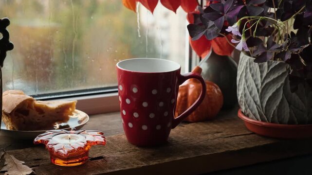Fall vibes. Red polka dotted mug of steaming tea on windowsill on rainy autumn day. 