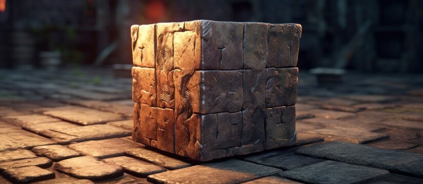 Ancient Stone Cube Structure on Cobblestone Ground in Dimly Lit Environment.