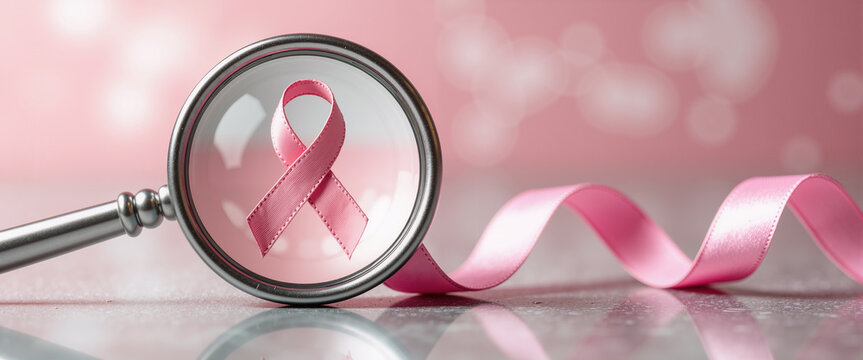 Pink ribbon under magnifying glass macro research symbol for breast cancer