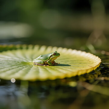 Frog, water lily, lake, swamp, green, sitting, flower, grass