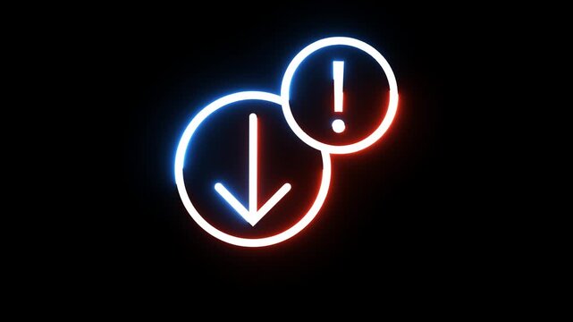 Neon download error icon glowing with blue and red warning light on black background loop